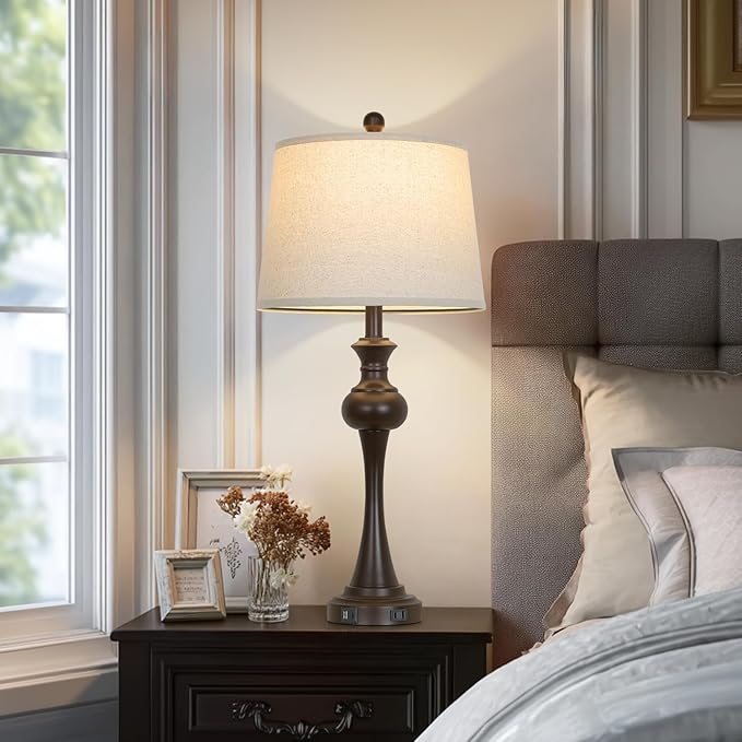 29" Tall Brown Table Lamp, 3-Way Dimmable Touch Control Bedside Lamp with USB A+C & AC Outlet for Bedroom, Living Room (1 Pack)