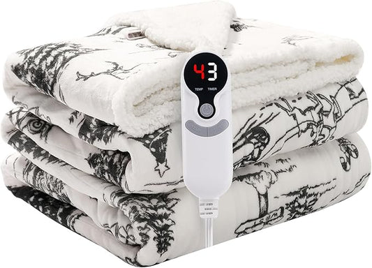LUXIAN Electric Heated Blanket Throw Size 50"x60" - Flannel & Sherpa Fabric Dual-Sided, 9 Heat Settings & 1-3 Hours Auto Off, Machine Washable, Christmas Santa Forest,Black and White