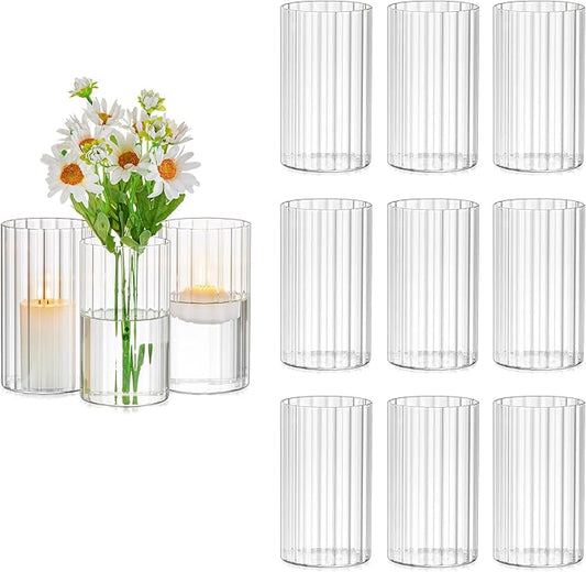 Glasseam Glass Cylinder Vases for Centerpieces: 12pcs Clear Ribbed Flower Vase for Pillar Candle - 6 Inch Modern Hurricane Floating Candle Holder for Wedding Table Centerpieces Living Room Home Decor