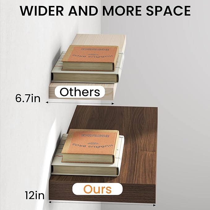 36Inch Walnut Floating Shelves for Wall, 12 Inch Deep Shelves for Bedroom, Kitchen, Bathroom Wall Mounted, Rustic Wood Floating Shelf with Invisible Brackets for Books, Storage, Decor, 2 Packs