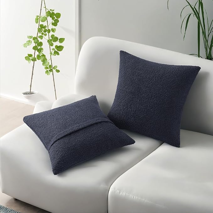HAUSSY Set of 2 18x18 Decorative Throw Pillow Covers, Soft Cozy Textured Boucle Couch Cases, Home Decor for Couch Bed Living Room, Navy Blue