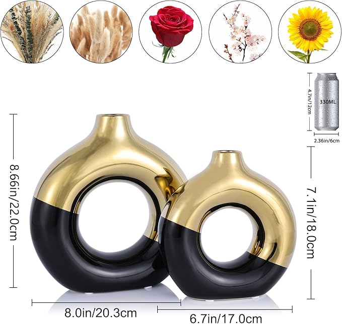 Black and Gold Vase Decor Donut Vase Set of 2 - Circle Hollow Vases, Modern Matte Ceramic Vases for Entryway Living Room Bedroom Dining Table Centerpiece Office Home Decor