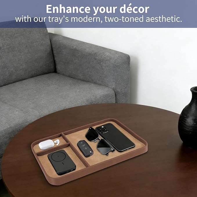 SITHON Valet Tray Trendy Organizer, Premium PU Leather Stylish and Organized Multifunctional Catchall Bedside Vanity Tray Nightstand Caddy Holder for Keys, Watch, Wallet, Jewelry and More (Brown)