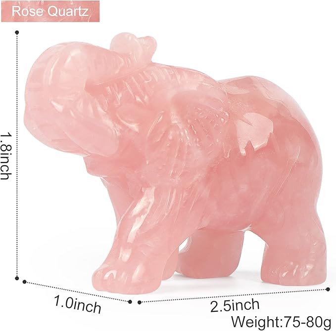 2.5in Hand Carved Rose Quartz Crystal Elephant Statue - Healing Craft Home Office Decor & Gifts