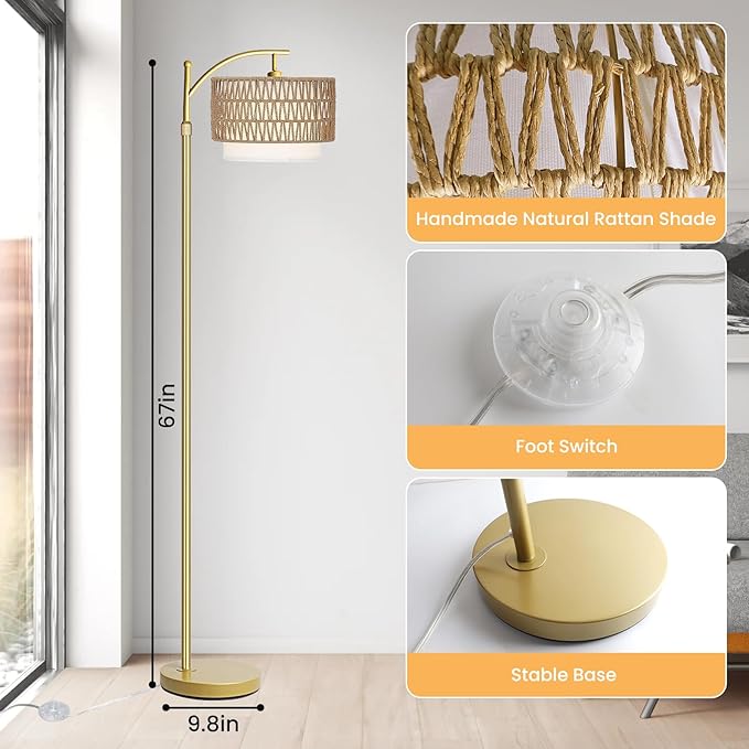 Yusist Arc Floor Lamp for Living Room,Gold Floor Lamps with Remote Control & Dimmable Bulb,Rattan Boho Tall Standing Lamp for Bedroom Office