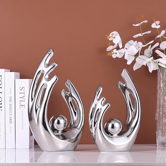 LCCCK 9.5" H Silver Aesthetic Room Decor Accent, TV Stand Funky Table Centerpiece, Abstract Art Ceramic Statue and Sculpture, Silver Decor for Living Room, Bookshelf Decorative Objects, Shelf
