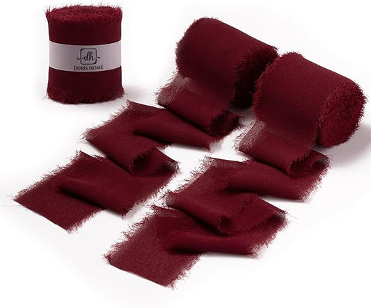 DORIS HOME Burgundy Chiffon Ribbon for Flower Bouquet, 2" x21Yd Fabric Ribbon for Gift Wrapping, Handmade Frayed Ribbon for Wedding, Chiffon Silk Ribbon for Christmas Decorations