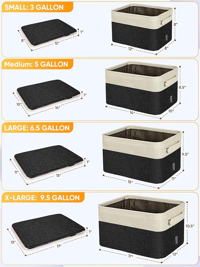 BALEINE Fabric Storage Bins for Shelves, Linen Storage Baskets for Organizing, Decorative Closet Storage Bins for Clothes, Toys, Home Storage (Black, 4 Pack)