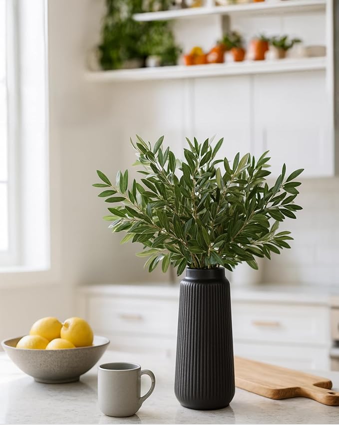 Black Ribbed Ceramic Vase – Textured Flower Vase for Pampas Grass, Fresh or Dried Flowers, Modern Cylinder Minimalist Home Decor for Living Room, Dining Table, Wedding Centerpiece