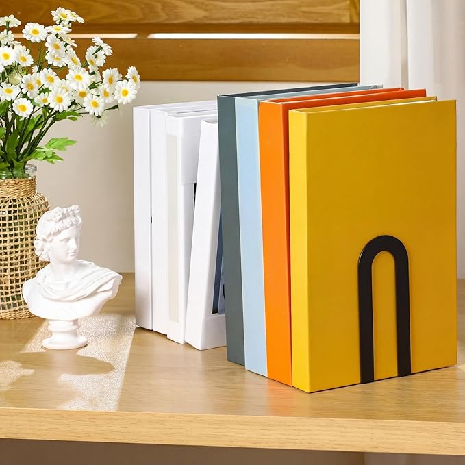 Chunful 2 Pcs Modern Metal Book Ends for Shelves Decorative Small Bookends Book Shelf Organizer Minimalist Design Stopper to Hold Books for Home Office (Black,5.5 * 3.75 * 2.25inch)