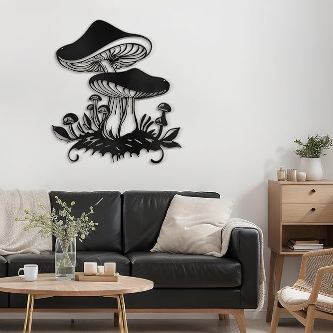 SIGNLEADER Metal Wall Art Decor Mushroom Cottagecore Modern Abstract Wall Sculpture Hangings Home Decoration for Living Room, Bedroom, Bathroom, Kitchen, Outdoor - 18" Black