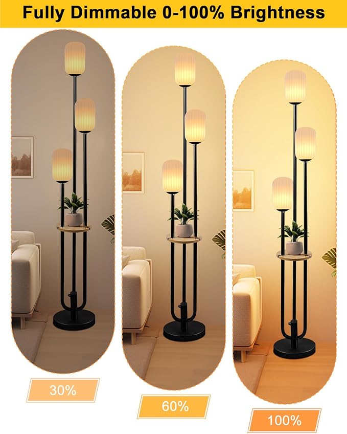 ACOHOOK Floor Lamp for Living Room, Dimmable Vintage Floor Lamp with Shelf & LED Bulbs, 3 Light 3000K Soft Warmwhite Mid Century Standing Lamp, Tall Lamps for Bedroom Office