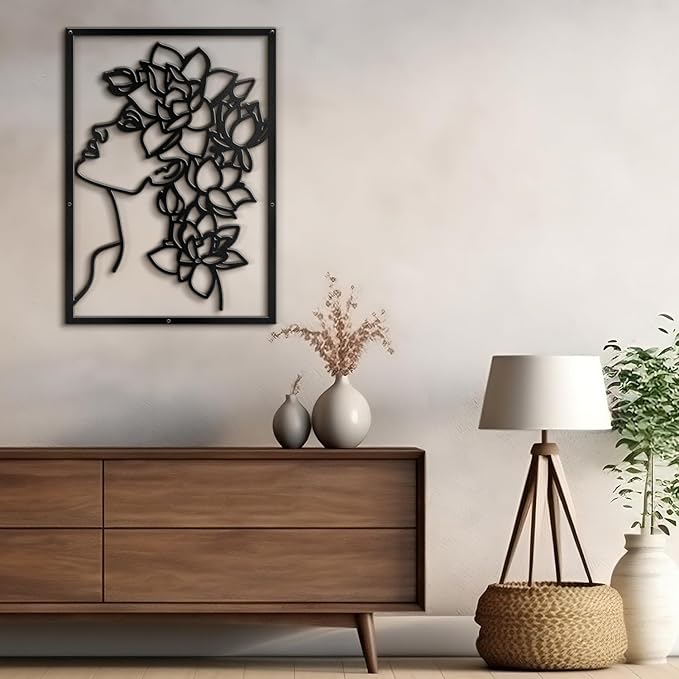 SIGNLEADER Metal Wall Art Decor Flowers Head Woman Modern Abstract Wall Sculpture Hangings Home Decoration for Living Room, Bedroom, Bathroom, Kitchen, Outdoor - 18" Black
