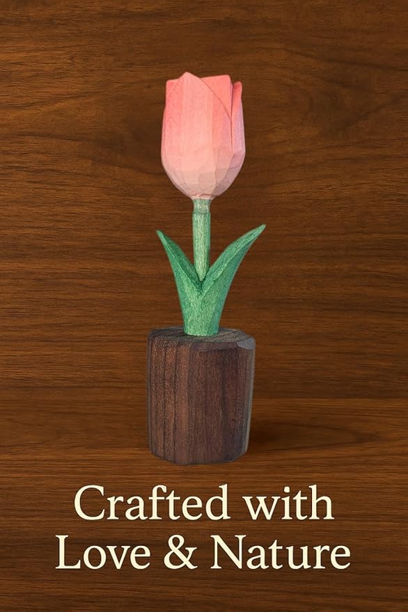 Handcrafted Wooden Tulip Figurine – Elegant Basswood Carved Sculpture, Unique Gift with Premium Gift Box, Ideal for Mother’s Day, Anniversary, Birthday, Home Office Décor (Pink)