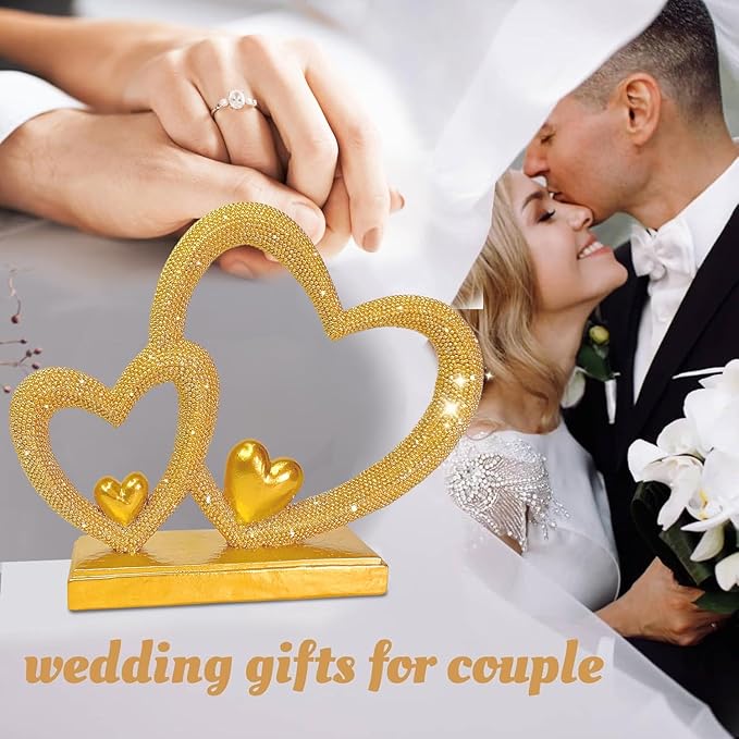 Double Heart Sculpture Valentine’s Day Statue, Faux Beaded Texture with Gold Accents, 7.9" Gold Romantic Decor for Shelf, Mantel, Bedroom, Wedding, for Her