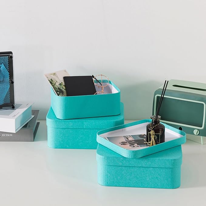 Soul & Lane Set of 3 Textured Blue Boxes with Rounded Edges - Nesting Decorative Cardboard Boxes with Lids for Gifts and Keepsakes, Large Paperboard Storage for Organizing