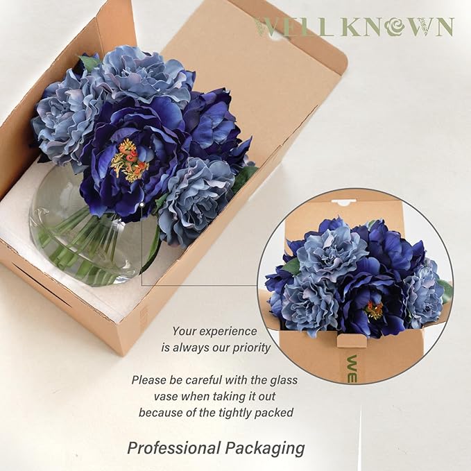 WELL KNOWN Artificial Flowers in Vase, Silk Blue Peonies for Vase with Faux Water, Fake Flower Arrangements for Winter Spring Home Coffee Dining Table Decor Wedding Centerpieces & Christmas Mom's Gift