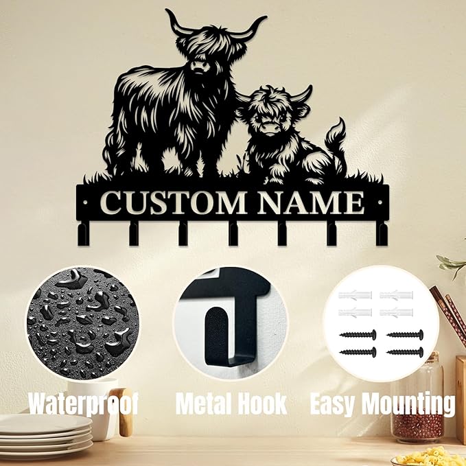 magilab Personalized Custom Highland Cow Wall Hooks,Metal Highland Cow Art Clothes Hooks,Metal Highland Cow Wall Home Storage Decorative,for Front Door, Hallway, Kitchen, Bedroom,Keys,Hats (Style J)