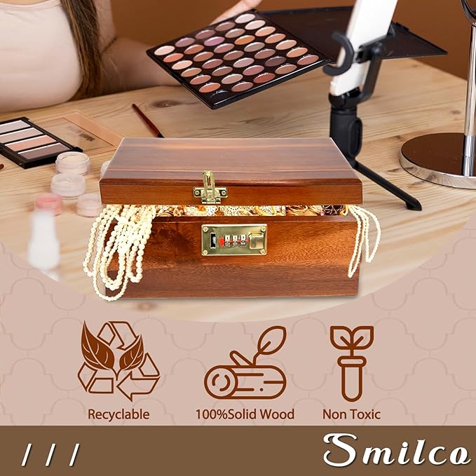 Smilco Wooden Storage Box with Hinged Lid Acacia Wood Hand-Crafted Wooden Box for Recipes Decorative Storage or as Keepsake