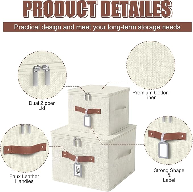 6 Pack Fabric Storage Bins with Lids and Label, 10×8×7Inch Foldable Cotton Linen Cute Storage Boxes with PU Leather Handles for Closet, Bedroom, Shelf, Nursery, Beige
