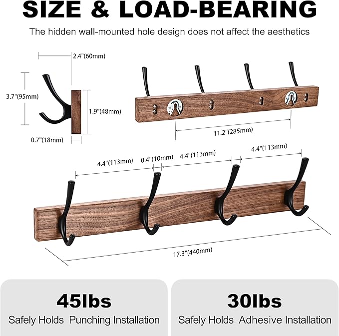 2 Pack 17.3" Small Walnut Wood Coat Rack Wall Mount with 4 Hooks, Heavy Duty Wooden Jacket Hanger Door Mounted for Decorative Entryway and Bathroom Hanging Towel Backpack Purse Clothes Hat Key