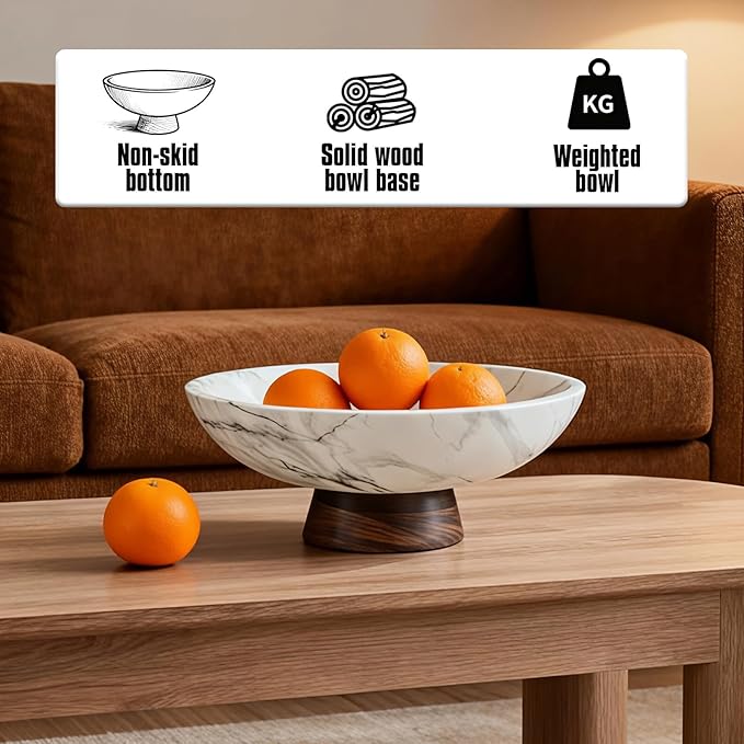 White Marble Decorative Bowl with Acacia Wood Base – 11" Modern Pedestal Fruit Bowl for Table Centerpiece, Entryway or Kitchen Décor