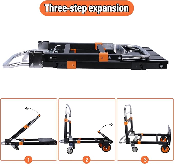 Upgraded 3 in 1 Folding Hand Truck, 500lbs Capacity Heavy Duty Convertible Dolly cart with Rubber Wheels, Collapsible Hand Truck Foldable with Telescopic Handle, Trolley for Moving, Office, Warehouse