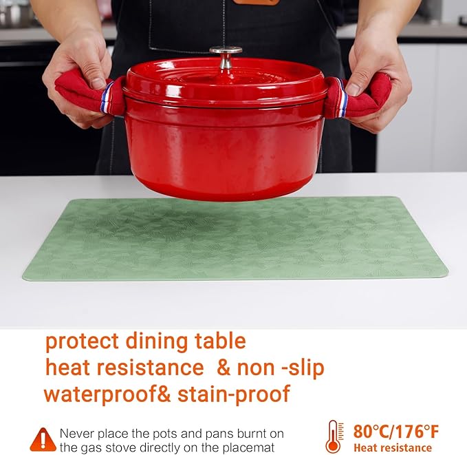 Vinyl Placemats Set of 6 Heat Resistant Easy Clean Non-Slip Place Mats for Dining Table Faux Leather Waterproof Stain Resistant Wipeable Washable PVC Table Mats(6, Green)