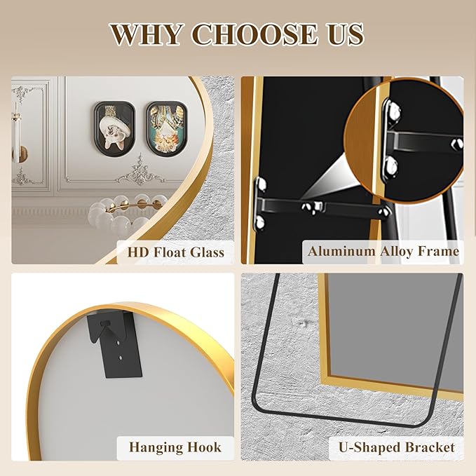 Full Length Mirror with Stand, Gold Arched Full Body Mirror, Aluminum Alloy Thin Frame - Freestanding/Leaning/Wall Mount for Bedroom, Living Room & Entryway