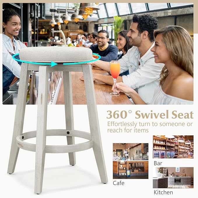 Giantex Swivel Bar Stools Set of 2, 26" Counter Height Stools w/Tufted Seat & Rubber Wood Frame, Round Backless Kitchen Stool with Footrest, Barstools for Kitchen Island/Breakfast/Pub, Antique White