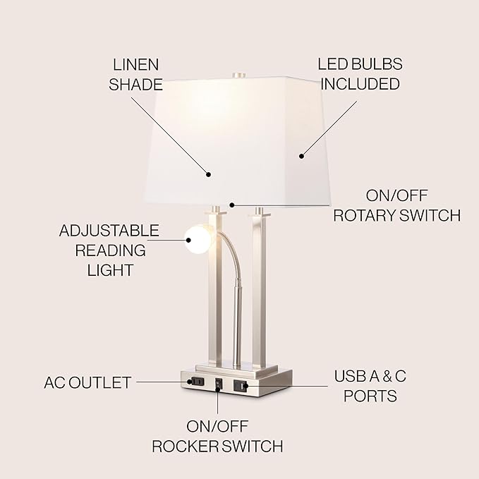 JONATHAN Y JYL1144C Blaire 23.75" 2-Light Modern Farmhouse Metal LED Table Lamp with USB Charging Port for Bedroom, Living Room, Office, Adjustable Reading Light and AC Outlet, Nickel