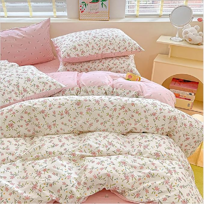 LifeTB Cotton Floral Duvet Cover Twin Pink White Bedding Sets Vintage Style Flower Botanical Boho Aesthetic Comforter Chic Garden with Zipper Closure, Twin(68/''x86/'')