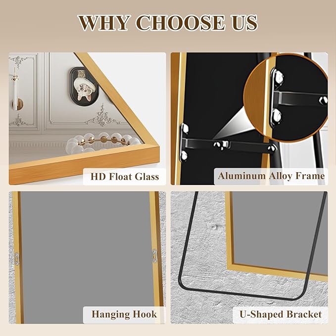 Full Length Mirror with Stand, Shatterproof Full Body Mirror, Aluminum Alloy Thin Frame, Freestanding/Leaning/Wall Mount for Bedroom