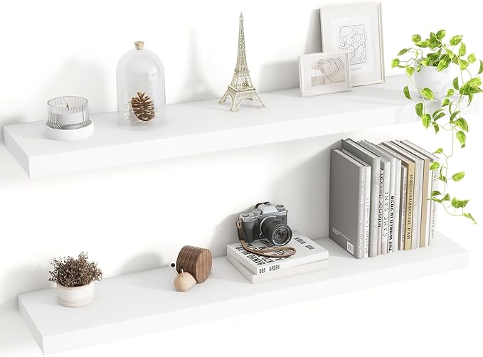 36 Inch Floating Shelves, 8 Inch Deep Floating Shelves for Wall, Hanging Shelf with Invisible Brackets, Deep Shelves for Bathroom, Bedroom, Living Room, White, Set of 2