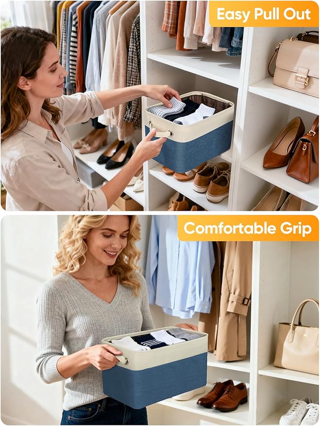 BALEINE 3 Pack Fabric Storage Bins for Shelves, Linen Storage Baskets for Organizing, Decorative Closet Bins for Clothes, Home (Navy Blue, 14''x10''x8.5'')