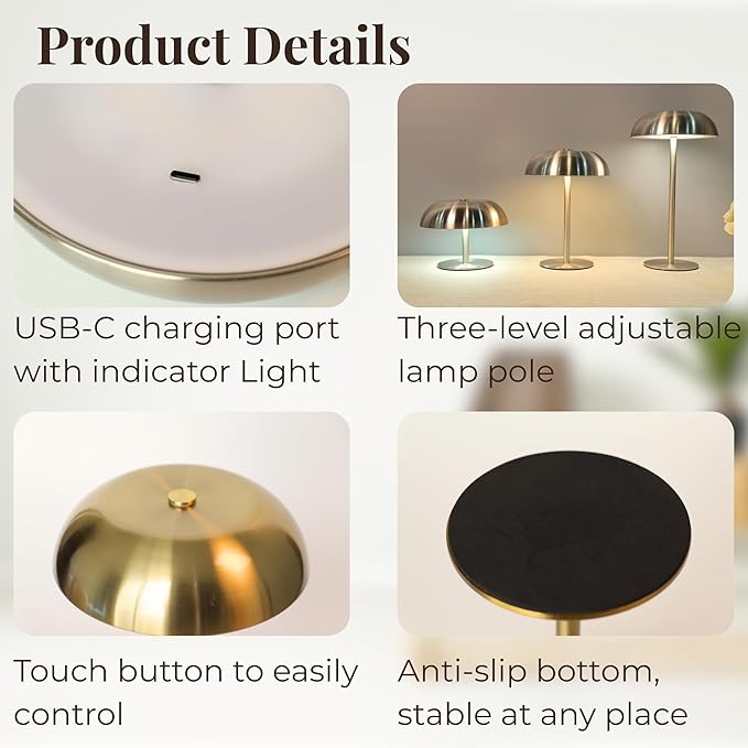 Portable Mushroom Table Lamp with 5200mAh Battery, Cordless LED Night Light with Stepless Dimming, 3 Color Modes & Adjustable Height for Bedroom, Patio, Bar Decor and Coffee Shop (Silver-Tall)