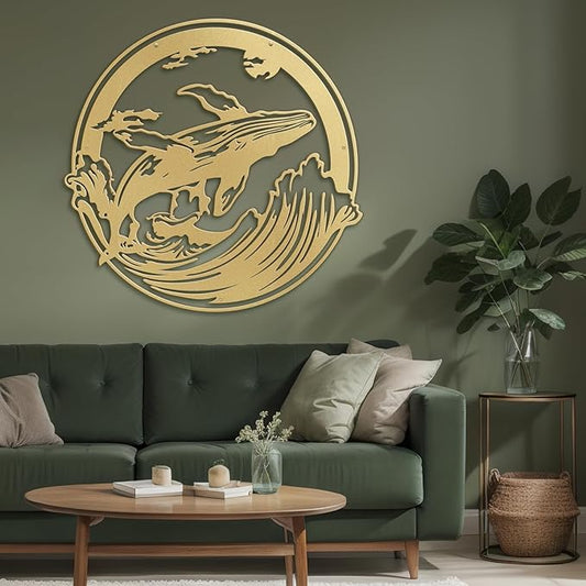 SIGNLEADER Metal Wall Art Decor Whale on Waves Minimalist Modern Abstract Wall Sculpture Hangings Home Decoration for Living Room, Bedroom, Bathroom, Kitchen, Outdoor - 18" Gold