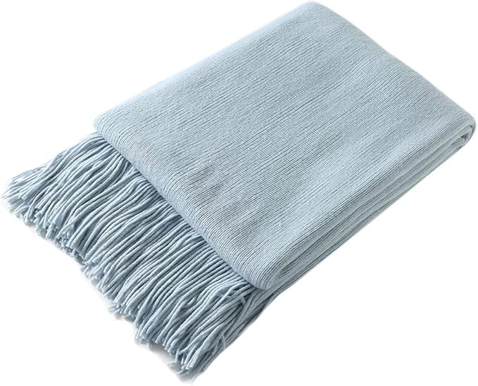 Homiest Decorative Knitted Throw Blanket with Fringe, Lightweight Acrylic Knit Blanket, Soft & Cozy Tassel Blanket for Couch Sofa Bed (Light Blue, 60 x 80 Inch)