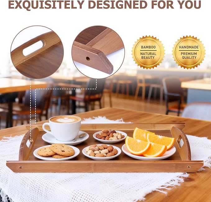 Wood Serving Tray with Handles, Wooden Tray, 20.47 inch Square Decorative Serving Trays Platters for Home, Party, Coffee Table,Dining Table & Countertop