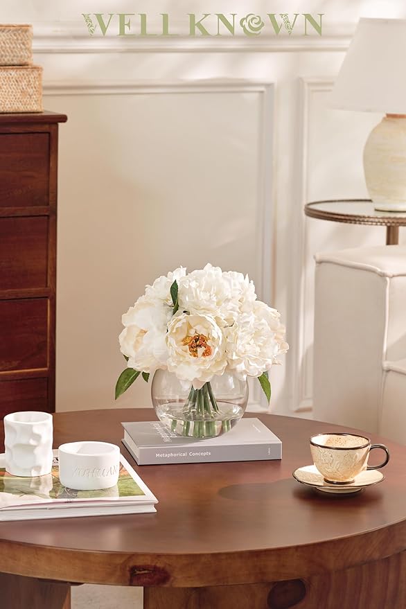 Artificial Flowers in Vase, Silk White Peonies Flowers with Globe Glass Vase & Faux Water, Fake Flower Arrangement for Home Dining Table Centerpieces Winter Spring Chritmas Wedding Party Decor Gift