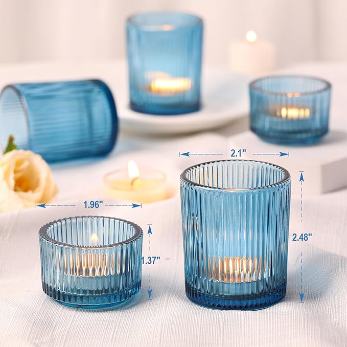 20pcs Ribbed Blue Votive Candle Holders, Assorted Tea Lights Candle Holder, Blue Glass Candle Holders for Table Centerpiece, Wedding Table Settings and Party Decorations
