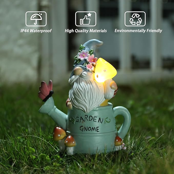 Garden Gnome Statue, Solar Powered Gnome Outdoor Decorations with Watering Can Shape - Resin Gnome Figurine with Mushroom Solar Lights for Porch Patio Lawn Yard Art Decor, Gift for Mom