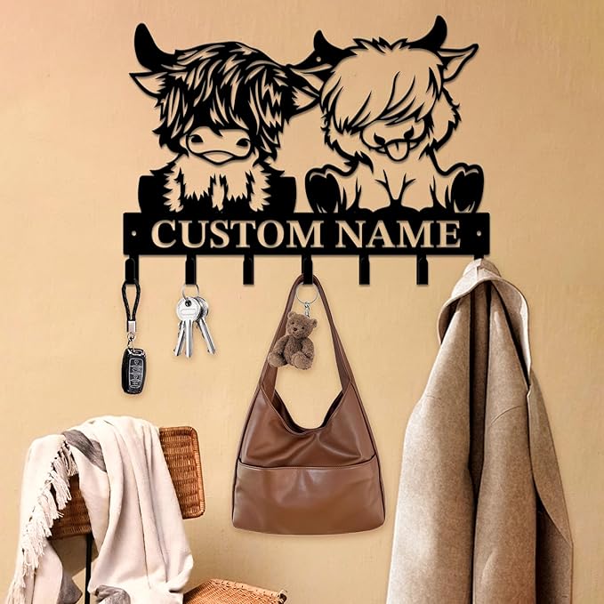 magilab Personalized Custom Highland Cow Wall Hooks,Metal Highland Cow Art Clothes Hooks,Metal Highland Cow Wall Home Storage Decorative,for Front Door, Hallway, Kitchen, Bedroom,Keys,Hats (Style C)