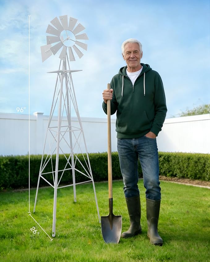 8FT Windmill for Yard Garden Decoration with Weather Vanes，Heavy Duty Outdoor Wind Mills, Large Metal Outdoor Windmill,Weather Resistant,Blue