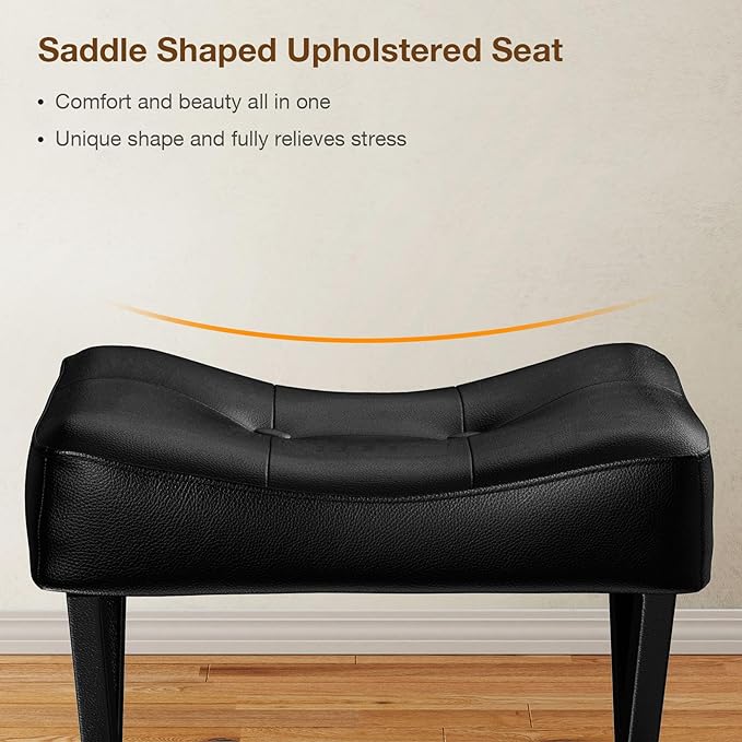 18-Inch Leather Vanity Stool Chair, Vanity Bench with Metal X-Leg, Ottoman Accent Stool with Thick Padded Saddle Seat, Black