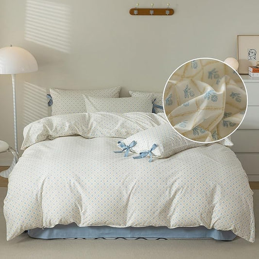 Blue Floral Duvet Cover King Soft Cotton Garden Style Floral Bedding Comforter Cover Plaid Grid Design Vintage Blue Flower Duvet Cover with 2 Bowknot Pillowcases Botanical Cottagecore Bedding Set
