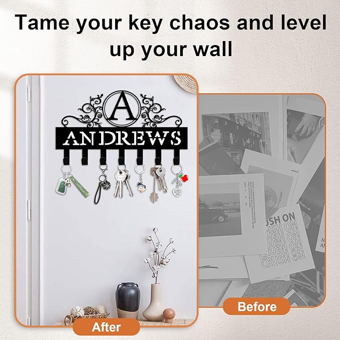 Custom Key Holder for Wall Personalized Metal Key Hook Key Organizer Rack Key Hanger Home Decor for Entryway, Garden, Bathroom, Kitchen, Garage (Monogram)