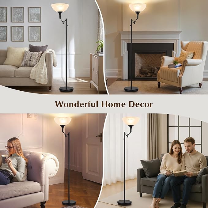 EJIAXIN Floor Lamps for Living Room Black, 70" Tall Standing Lamp with Glass Shade, Torchiere Floor Lamp with 350°Adjustable Swing Arm Lamp, Pole lamp for Bedroom, Living Room, Office, Bulbs Included