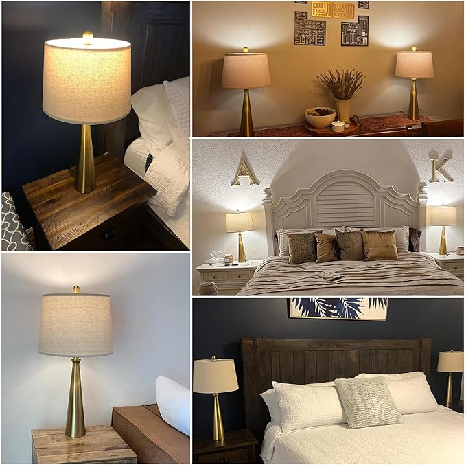 Oneach 25.75" 3-Way Dimmable Touch Control Modern USB Table Lamp Set of 2 for Living Room Bed Room Bedside Nightstand Lamps Fabric Shade Vintage Accent Light Gold Antique Brass
