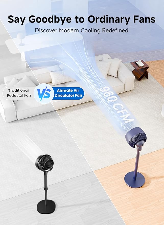 AIRMATE Standing Fan for Bedroom, 9" Blade Pedestal Fan with Remote, DC Motor, 12 Speeds, Quiet 25dB, 960CFM High Airflow, 85ft, Adjustable Height (12"-37"), 12H Timer, 80° Oscillating fan, DarkBlue